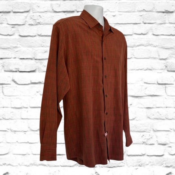 Tommy Bahama Silk Wool Shirt L Burnt Orange Plaid Embroidered Floral Details - Picture 3 of 10